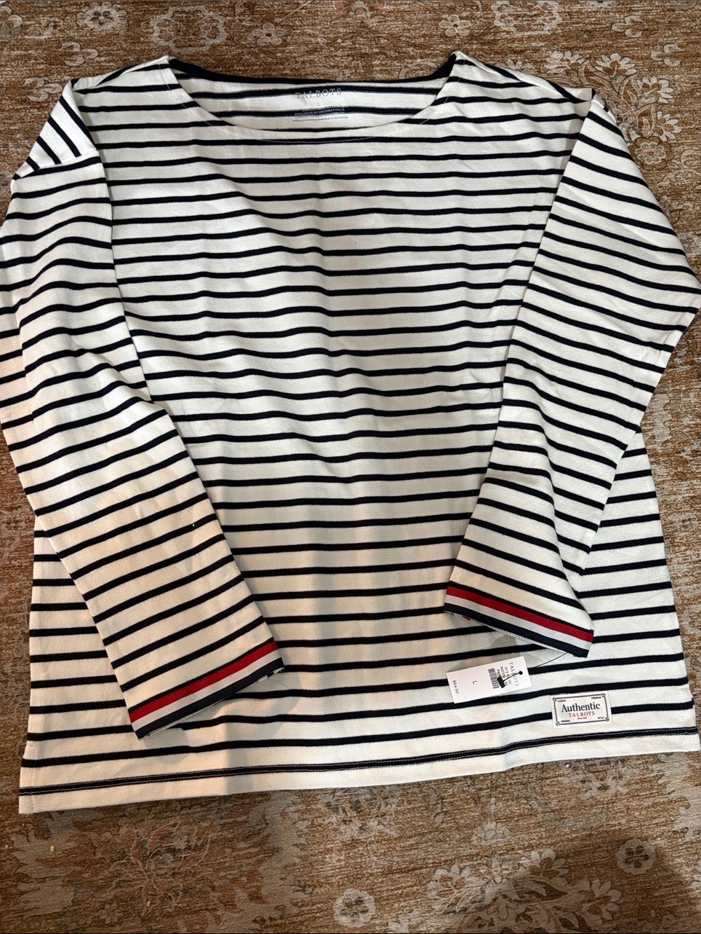 Talbots Kids Long-Sleeve Navy & Cream Striped Tee with Red Trim